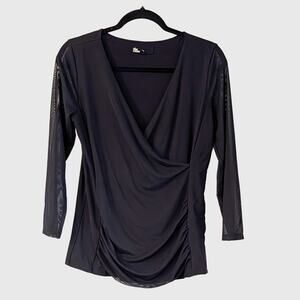 The Commons Black Faux Wrap Top M Mesh Sleeve Ruched Stretch Blouse Lined